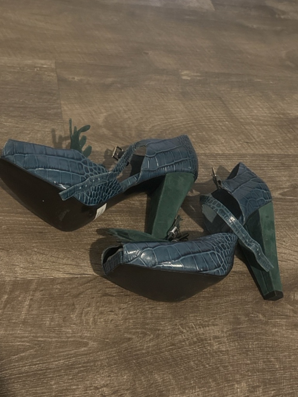 BCBGeneration Green Suede and Teal Croc-Embossed Tassel Platform Heels - Picture 3 of 5